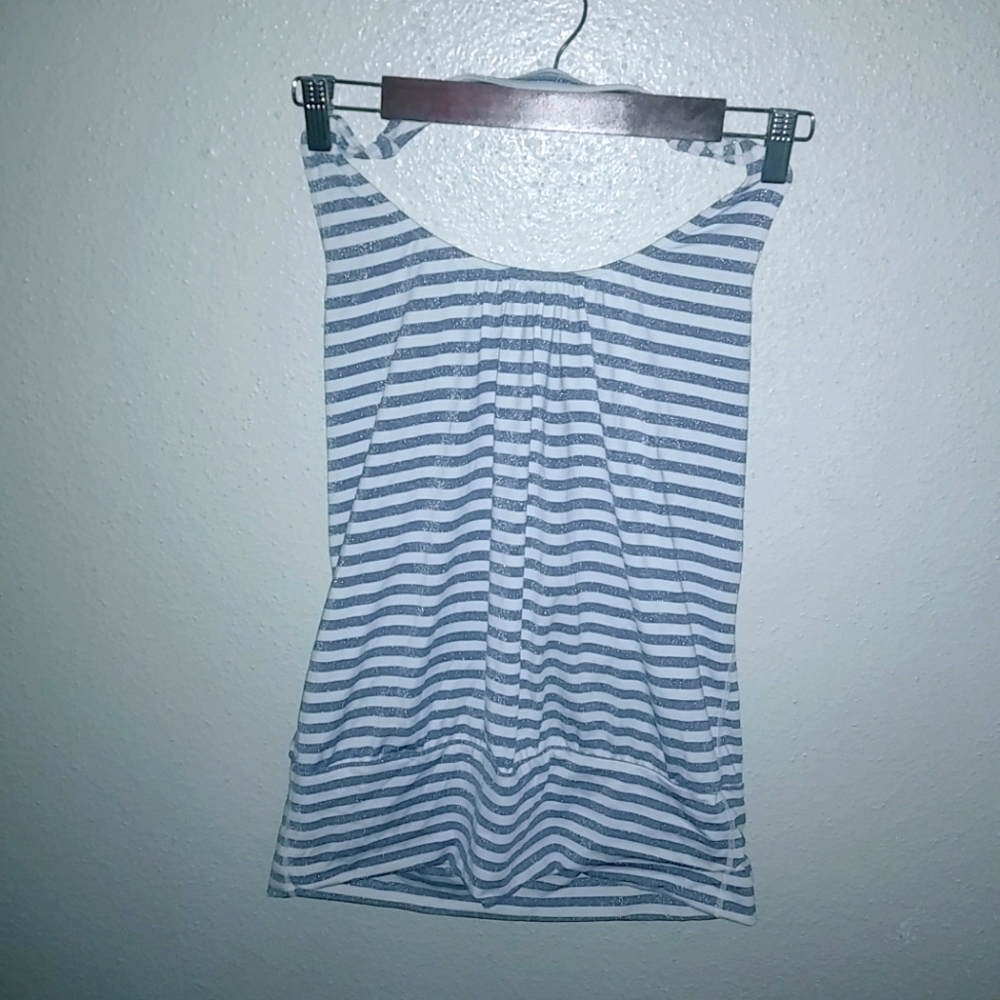 VS Victoria Secret Sexy Sport L Y2K Halter Striped Silver Sparkle Bubble Hem Top